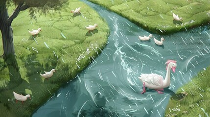   Swans swim in a grassy area with trees lining a stream
