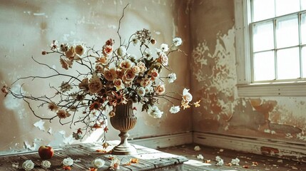  A vase brimming with blooms sits on a table in a room adorned with peeling wall paint