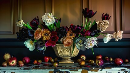   A vase brimming with abundant flowers sits atop a table, surrounded by an assortment of apples and additional flora