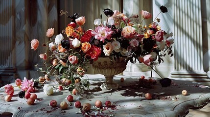   A vase overflowing with multiple flowers rests atop a table, accompanied by another vase brimming with an assortment of blossoms