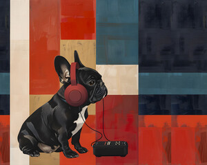 Cute French Bulldog with earphones listening to music. Retro style illustration.