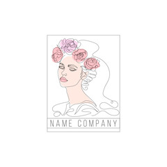 Art & IllustratioLogo, Line Art of Woman With Rosa Flower Headpiece for Name Company Branding, suitable for a fashion or beauty company or wedding industryn