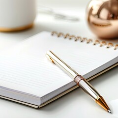 Naklejka premium An open notebook and a pen on it close-up, isolated on a white background. A resource for advertising courses, office, business, training and selling stationery.