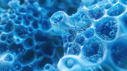 Close-up view of 3D microscopic blue bacteria, showcasing intricate details and textures, creating a captivating look at microbial life.