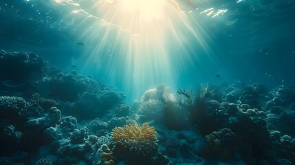 Fototapeta premium Luminous Underwater Realm Sunbeams Illuminating a Vibrant Coral Reef Ecosystem
