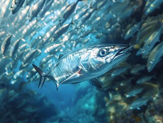 Fototapeta premium Barracuda Hunting Through a School of Smaller Fish in the Vast Underwater Ocean Ecosystem