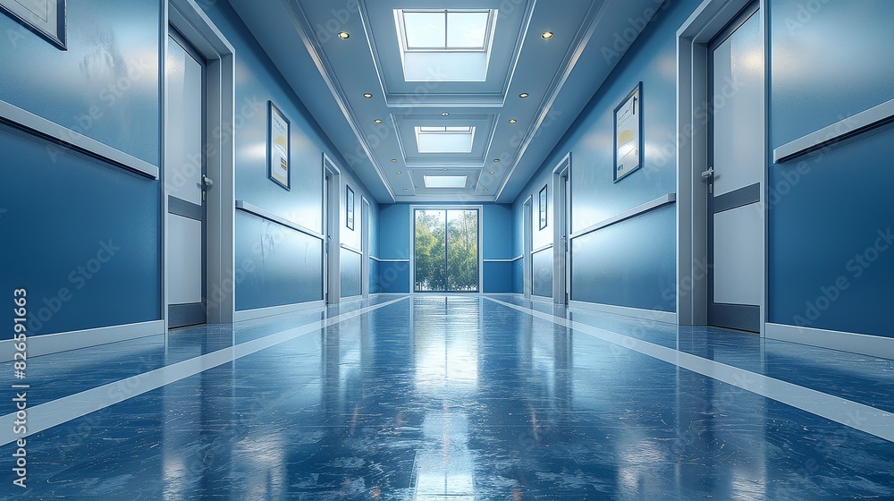 Poster a hallway with blue walls stretching into the distance, illuminated by a skylight above, creating a 