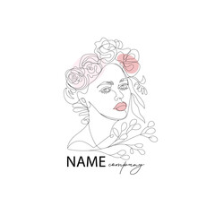 Artistic Line Art , Logo ,Line Drawing Elegant Line Art Drawing of a Woman With Floral Headpiece and Pink Accents. Linear stylized image of a beauty salon, health industry, makeup artist.