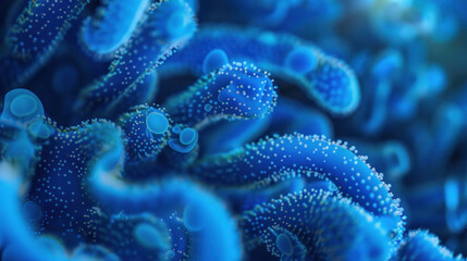 Detailed 3D rendering of blue bacteria, magnified to reveal the complex structure and vibrant color, offering a glimpse into the microscopic world.