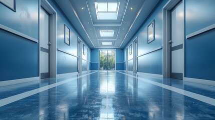 A hallway with blue walls stretching into the distance, illuminated by a skylight above, creating a bright and airy atmosphere.