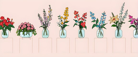 A series of vases filled with different types of flowers. Illustration vector. Generative AI
