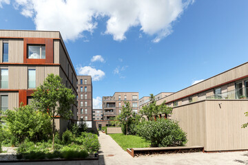 Residential area with ecological and sustainable green residential buildings, low-energy houses...