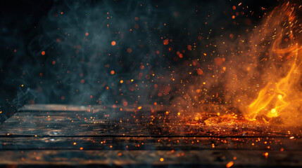 a wooden table ablaze, with sparks and smoke rising, set against a dark background, ideal for showcasing products with intensity.