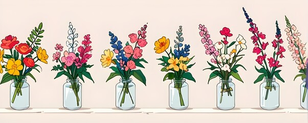 A series of vases filled with different types of flowers. Illustration vector. Generative AI