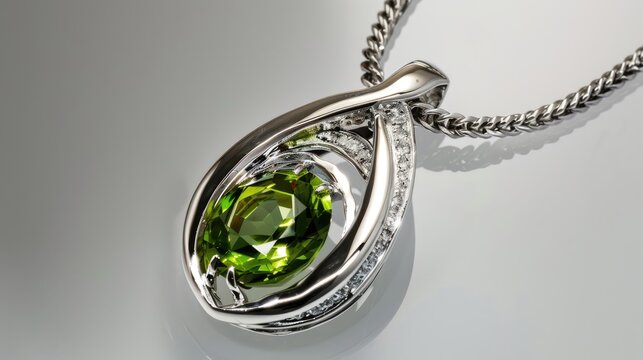 Silver pendant featuring a green peridot gemstone and diamond set against a white backdrop