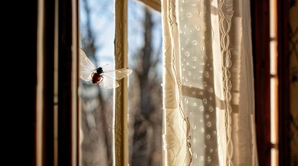   A ladybug perched atop a window sill adjacent to lace-draped curtains and tree-filled background - Powered by Adobe