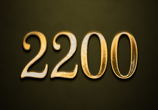 Old gold effect of 2200 number with 3D glossy style Mockup.