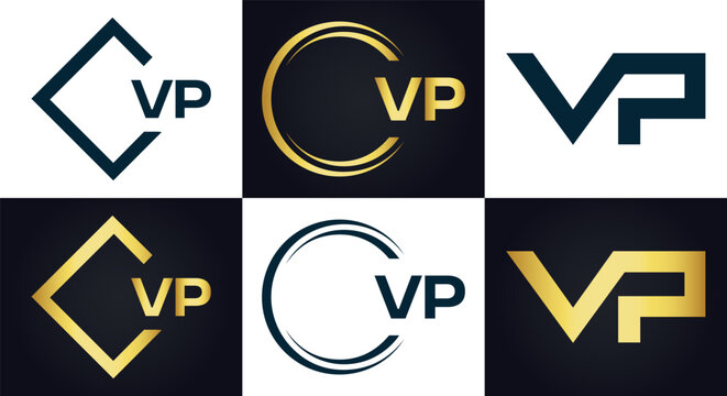 VP logo. V P design. White VP letter. VP, V P letter logo design. V P letter logo design in FIVE, FOUR, THREE, style. letter logo set in one artboard. V P letter logo vector design.