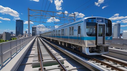 Naklejka premium Japanese City Subway with Urban Background, Blue Sky, and Outdoor Setting, Featuring Tracks Running and Subway in Motion, Ideal for Urban Transportation and Cityscape Illustrations.