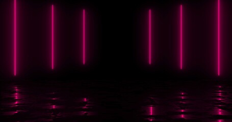 Simple in-and-out neon glowing line. Techno night club sparky spectrum same color generated sunbeam bg with reflection. Stripes moving energy burst cyber trendy marketing music video asset.