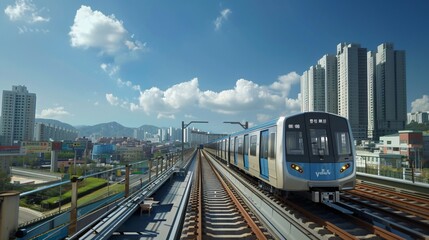 Naklejka premium Korean City Subway with Urban Background, Blue Sky, and Outdoor Setting, Featuring Tracks Running and Subway in Motion, Ideal for Urban Transportation and Cityscape Illustrations.