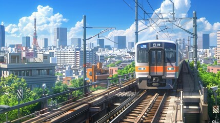 Fototapeta premium Japanese City Subway with Urban Background, Blue Sky, and Outdoor Setting, Featuring Tracks Running and Subway in Motion, Ideal for Urban Transportation and Cityscape Illustrations.