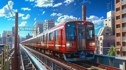 Obraz premium Japanese City Subway with Urban Background, Blue Sky, and Outdoor Setting, Featuring Tracks Running and Subway in Motion, Ideal for Urban Transportation and Cityscape Illustrations.