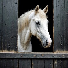 A white horse peers out of a stable window, set against the contrast of dark wooden planks