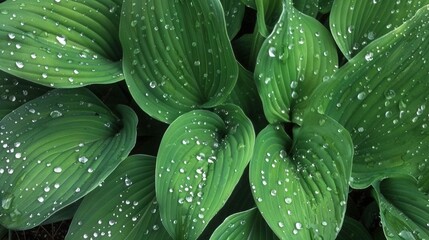 Obraz premium A close-up of a lush green plant with droplets of water on its leaves and scattered foliage on the ground