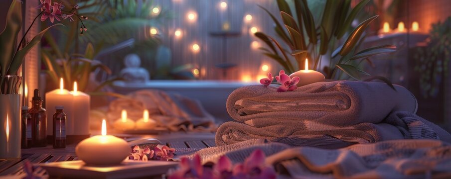Luxury spa with candles and essential oils, Relaxation, Digital Art