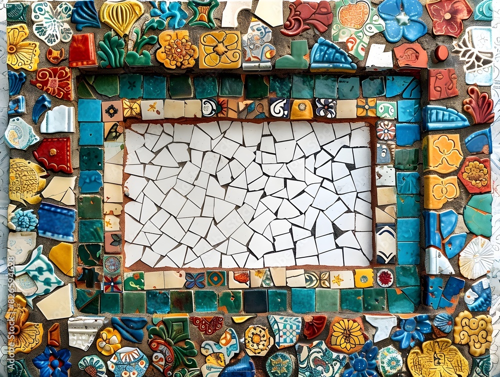 Poster colorful mosaic tile frame with intricate patterns ideal for eclectic decor and creative backgrounds