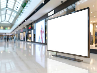 Empty digital screen mockup inside a sleek, modern shopping mall, surrounded by high-end stores, vibrant and well-lit, high-detail, perfect for retail ads.Close-up