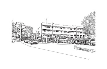 Print Building view with landmark of Santa Ponsa is the village in Spain. Hand drawn sketch illustration in vector.