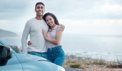 Couple, road trip and hug in portrait by car for travel, adventure and break by ocean. Happy man, woman and together with embrace for journey, trust and commitment in countryside for enjoyment