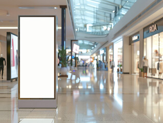 Empty digital screen mockup inside a sleek, modern shopping mall, surrounded by high-end stores, vibrant and well-lit, high-detail, perfect for retail ads.Close-up