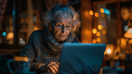 Fototapeta premium An elderly woman with glasses works intently on her laptop in a warmly lit, cozy room, creating a focused and serene atmosphere.