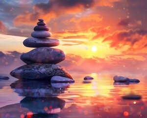 Fototapeta premium Stones in water with sunset and colorful sky in background.