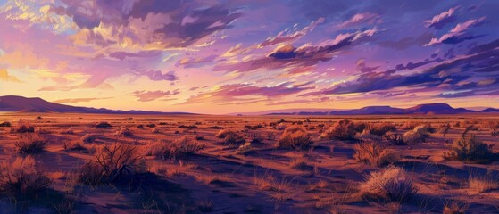 A serene desert landscape at dusk, with the sky painted in deep purples and oranges