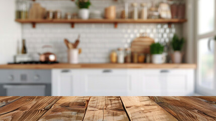Empty of Wooden table top against a blurred kitchen backdrop, offering a stylish surface for product presentation or layout design.