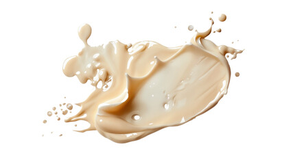 Spilled Sun Lotion and Tanning Cream Puddle on White Background, white skincare product isolated on white, top view, clipping path