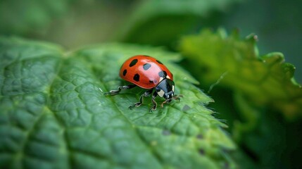 Fototapeta premium A ladybug perched atop a verdant foliage centerpiece surrounded by lush leaves