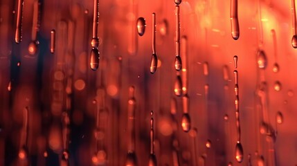   Drops of water on red sky background through glass window