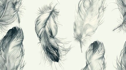   A detailed depiction of a collection of feathers on white paper against a dark backdrop
