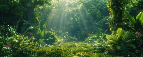 Render a vibrant, digital illustration of a lush green forest with diverse wildlife, showcasing sustainability