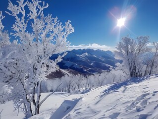 Breathtaking Frozen Mountain Landscape with Glistening Ice Covered Trees and Radiant Sunshine in a Clear Blue Sky