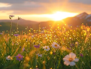 Fototapeta premium Breathtaking Sunrise over a Vibrant Mountain Meadow with Lush Wildflowers and Majestic Peaks in the Distance