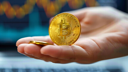 Close-up of a hand holding a Bitcoin, symbolizing cryptocurrency trading and investment concepts with market graph in background.