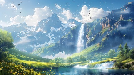 Verdant Mountain Landscape with Cascading Waterfall and Vibrant Spring Scenery