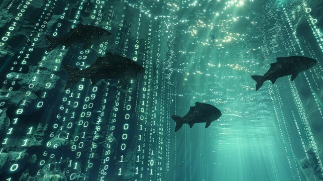 Digital Oceans Oceans filled with binary code and digital fish