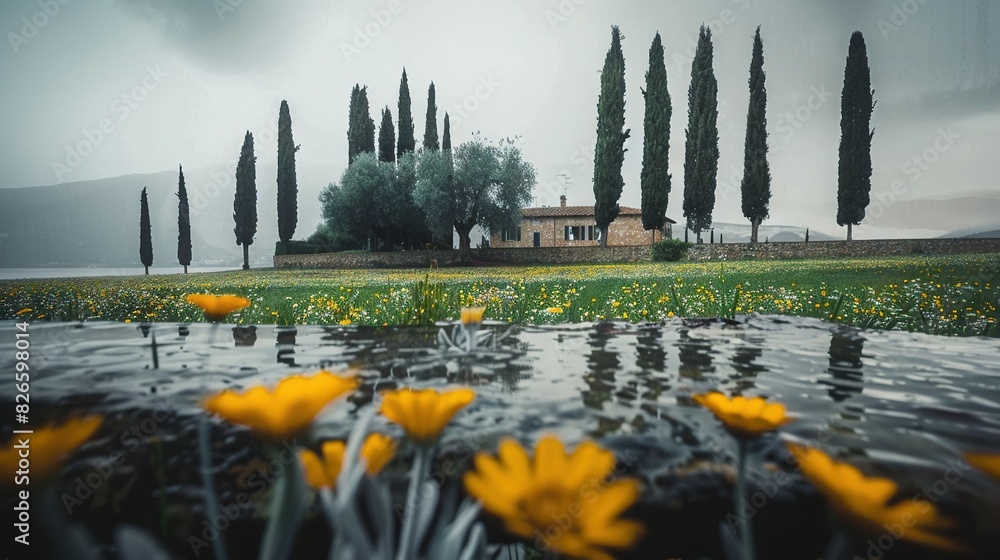 Poster yellow flowers are in the foreground while a house appears in the background the background contains